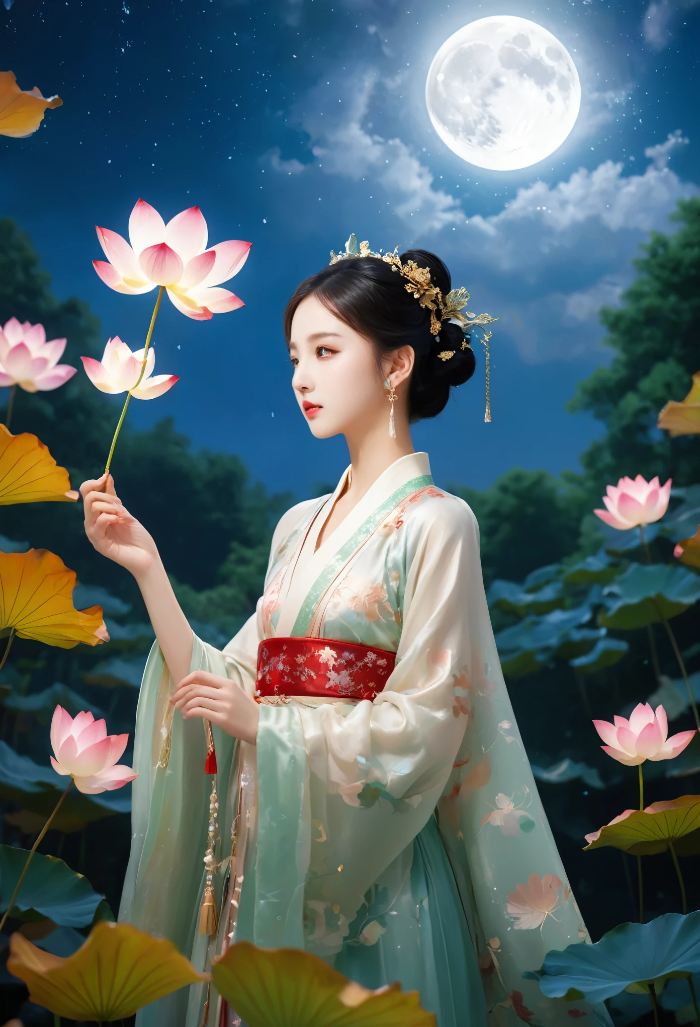 (masterpiece, best quality:1.2), full moon,Normal size moon,moonlight,1girl,Girl's posture,black hair,cloud,dress,earrings,falling leaves,falling petals,flower,ginkgo leaf,Duo Lianhua Lian Ye,Close range,Looking at the camera,Headwear,Diagonal body,upper body,above buttocks,Holding a lotus flower in both hands,night,hanfu,holding,jewelry,leaf,leaves in wind,lips,maple leaf,night sky,outdoors,petals,rose petals,sky,solo,water,hand,Light particle skin,Light particle energy fluid,Light particles covering the body,Light Particle Art,Light particle effects,XCYP Lady Hand,