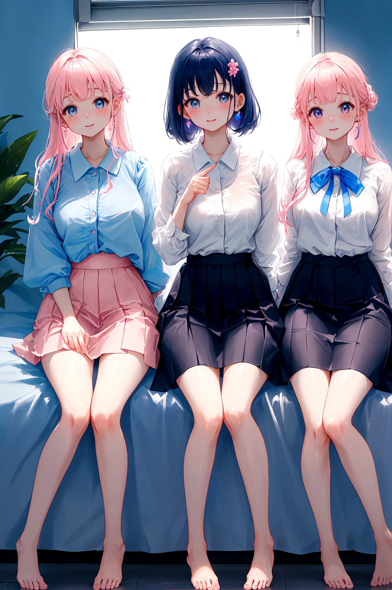 Three sisters of different heights、A cute white blouse with a cute light blue bra showing through it、Cute pink flare skirt、Light blue underwear visible as the skirt is lifted、barefoot、Company interview venue