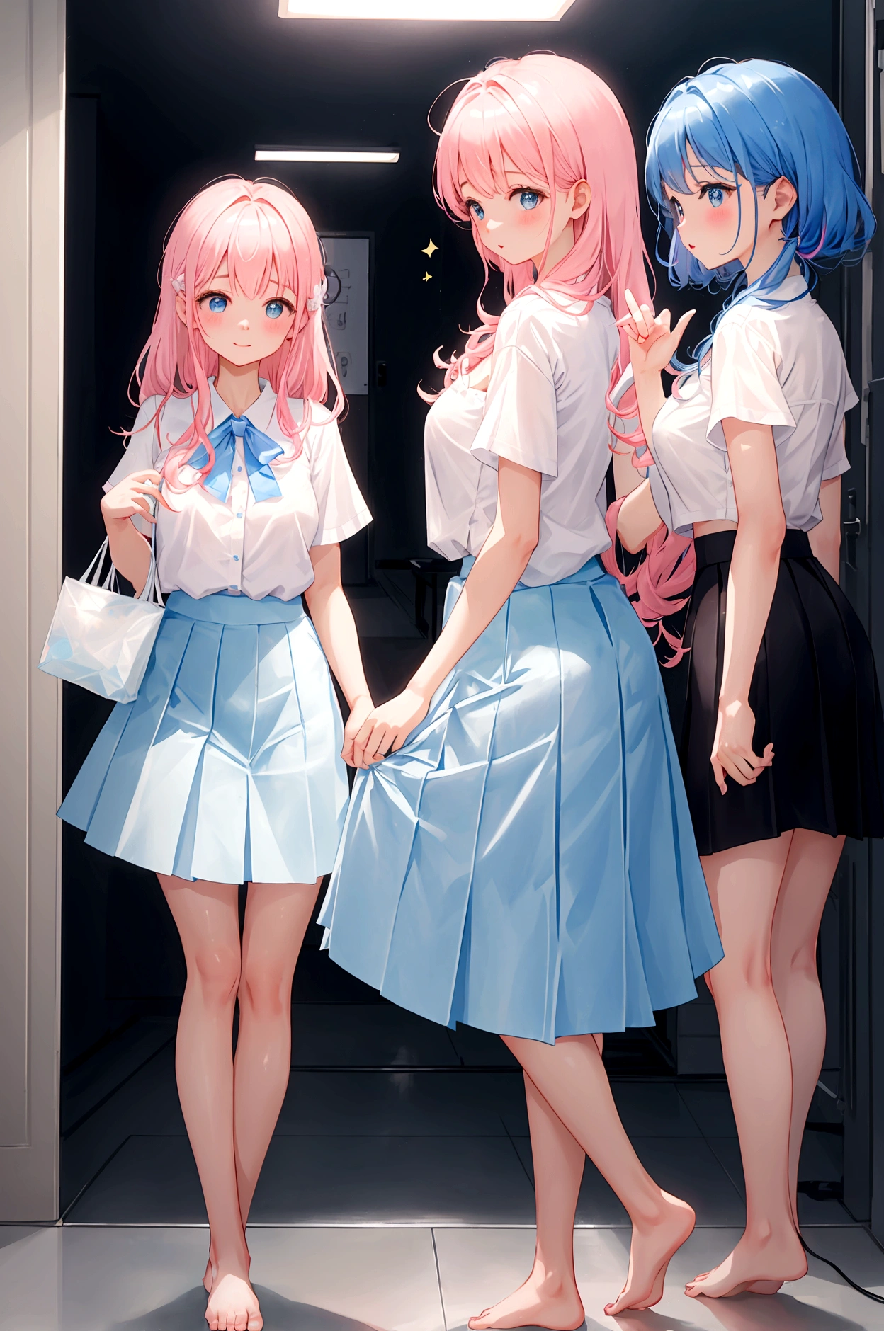 Three sisters of different heights、A cute white blouse with a cute light blue bra showing through it、Cute pink flare skirt、Light blue underwear visible as the skirt is lifted、barefoot、Company interview venue