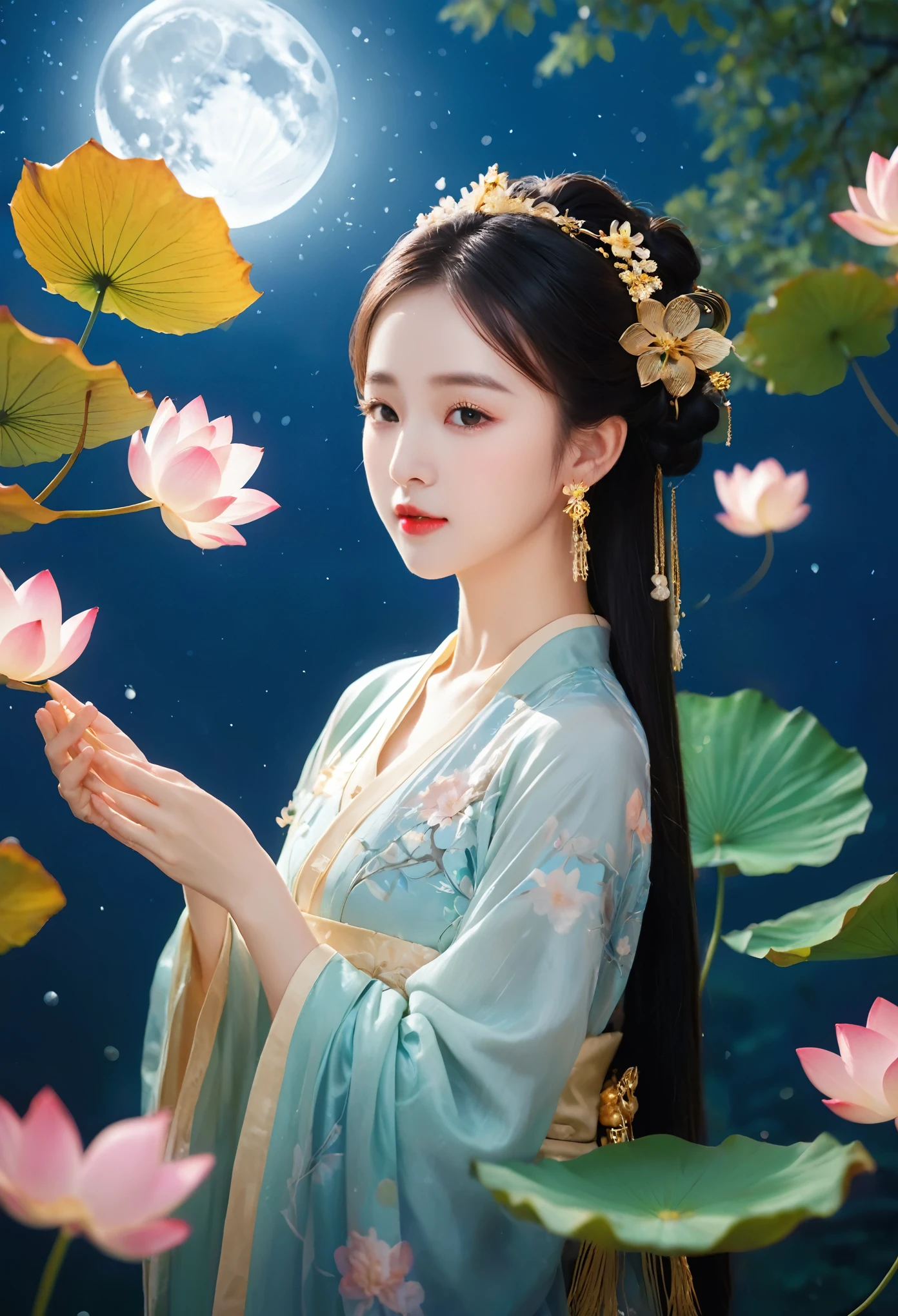 (masterpiece, best quality:1.2), full moon,Normal size moon,moonlight,1girl,Girl's posture,black hair,cloud,dress,earrings,falling leaves,falling petals,flower,ginkgo leaf,Duo Lianhua Lian Ye,Close range,Looking at the camera,Headwear,Diagonal body,upper body,above buttocks,Holding a lotus flower in both hands,night,hanfu,holding,jewelry,leaf,leaves in wind,lips,maple leaf,night sky,outdoors,petals,rose petals,sky,solo,water,hand,Light particle skin,Light particle energy fluid,Light particles covering the body,Light Particle Art,Light particle effects,XCYP Lady Hand,