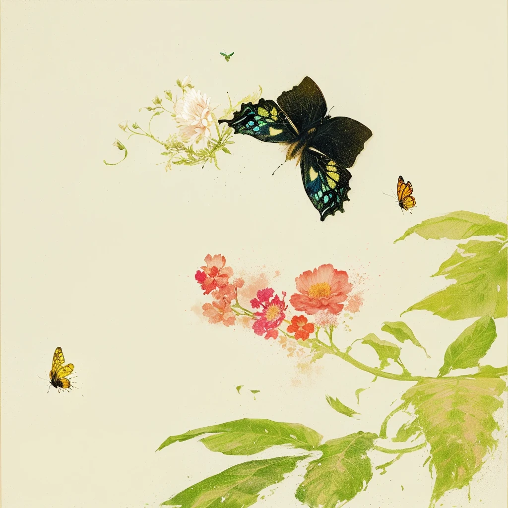 There are two butterflies and a bee flying on a flower, by Liang Kai, author:Gu An, author:Gao Cen, Cai Zhiyun, author:Yang J, qi sheng luo, Mei Qing, by Gao Xiang, by Xia Shuwen, author Shin Yun-bok, author Miao Fu, author:Xu Xi, author:Sun Junze