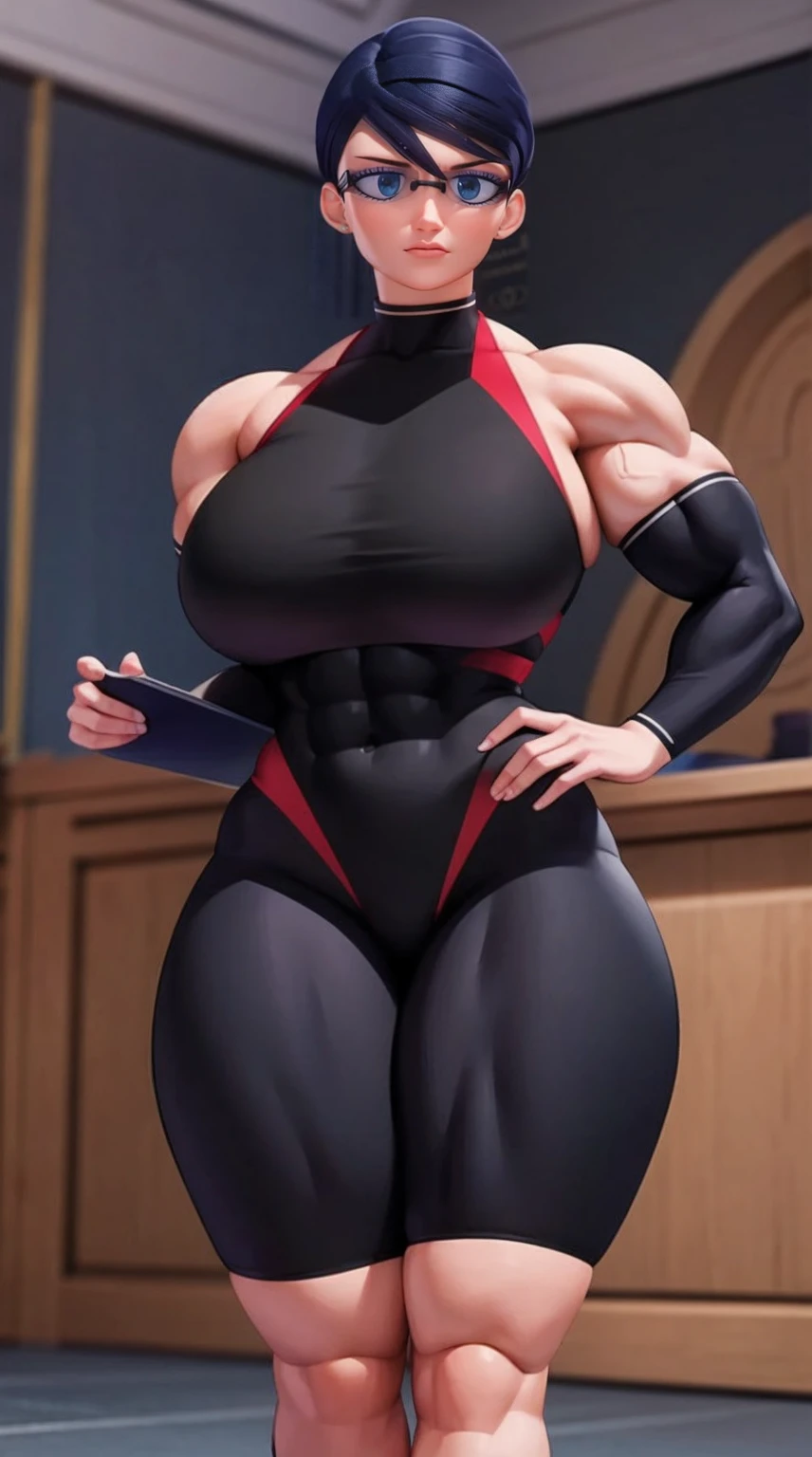 Create a detailed and realistic image of Natalie Sancoeur from Miraculous Ladybug as a big female bodybuilder. She should have a muscular and well-defined physique, showcasing her strength and power. Natalie is wearing a sleek black bikini that accentuates her powerful build. Ensure her face retains her characteristic features, including her stern yet elegant expression. The background can be a gym or a neutral setting to highlight her impressive figure. Emphasize the contrast between her usual demeanor and her new, imposing physical presence.