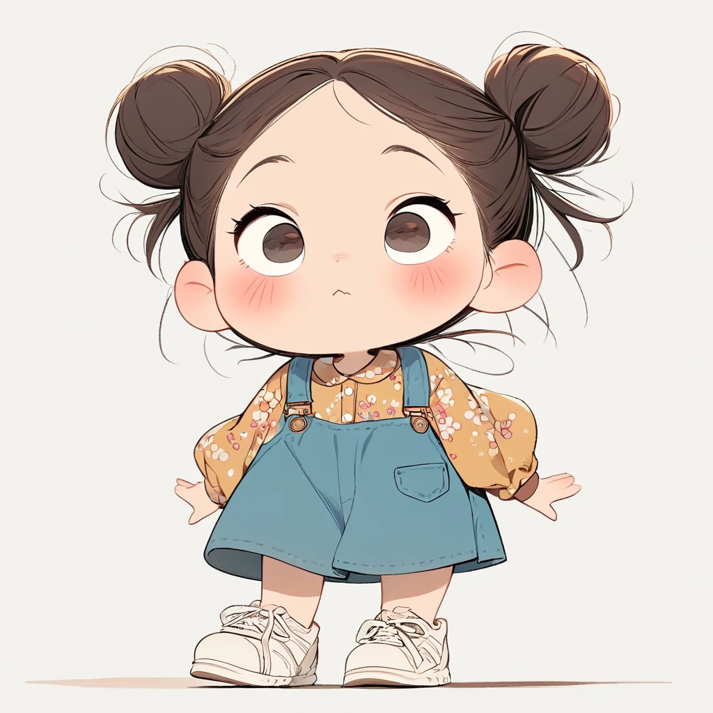 (masterpiece, best quality:1.2), cartoonish character design。Pure white background，1 girl girl is going home, alone，big eyes，cute expression，Two hair buns，Floral shirt，Overalls，White sneakers，stand，interesting，interesting，clean lines