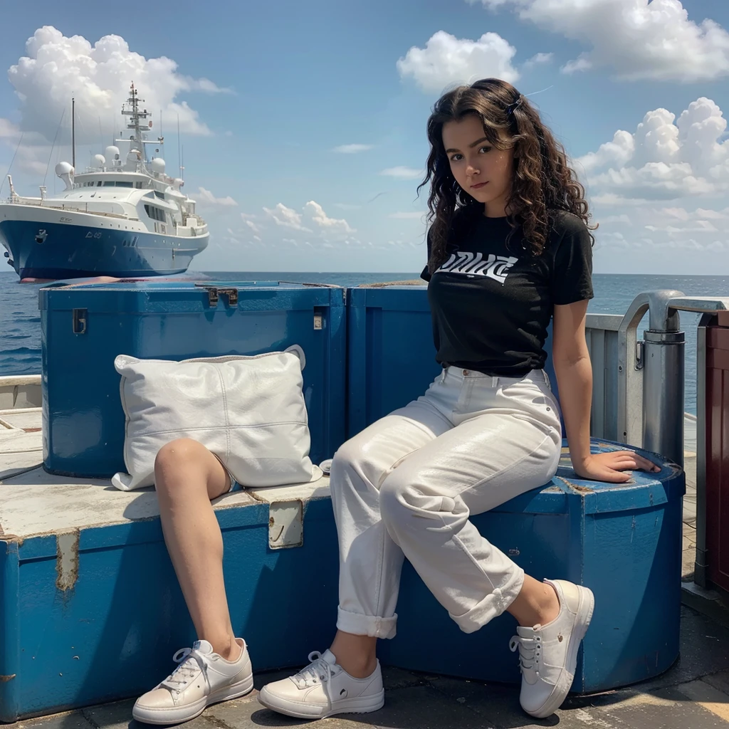 A beautiful young girl aged 22 with curly hair dressing a white shoes, Blue leather trouser, and a black t-shirt, has sitting ontop of a red container center of the sea too seriously, shes lost scared,