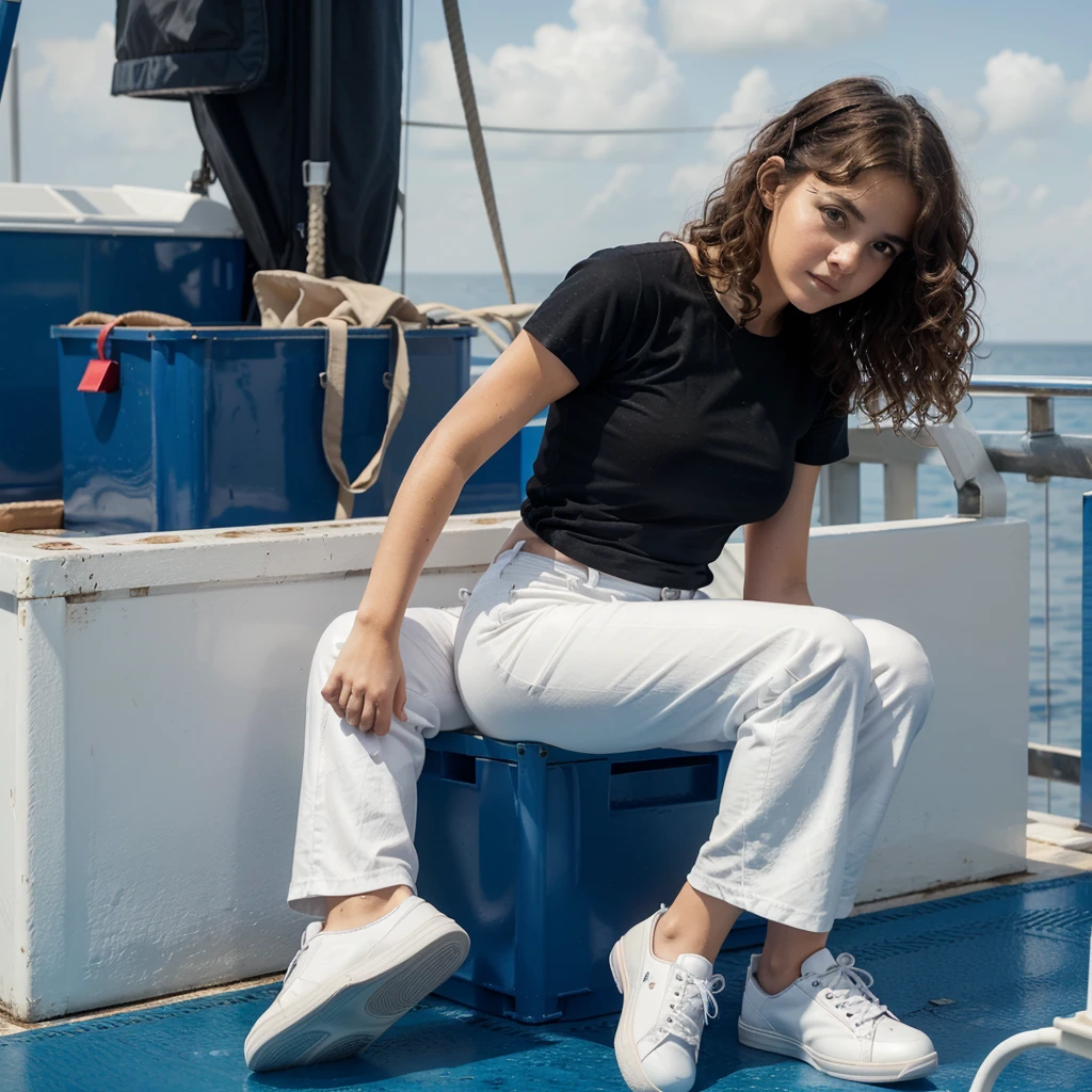 A beautiful young girl aged 22 with curly hair dressing a white shoes, Blue leather trouser, and a black t-shirt, has sitting ontop of a red container center of the sea too seriously, shes lost scared,