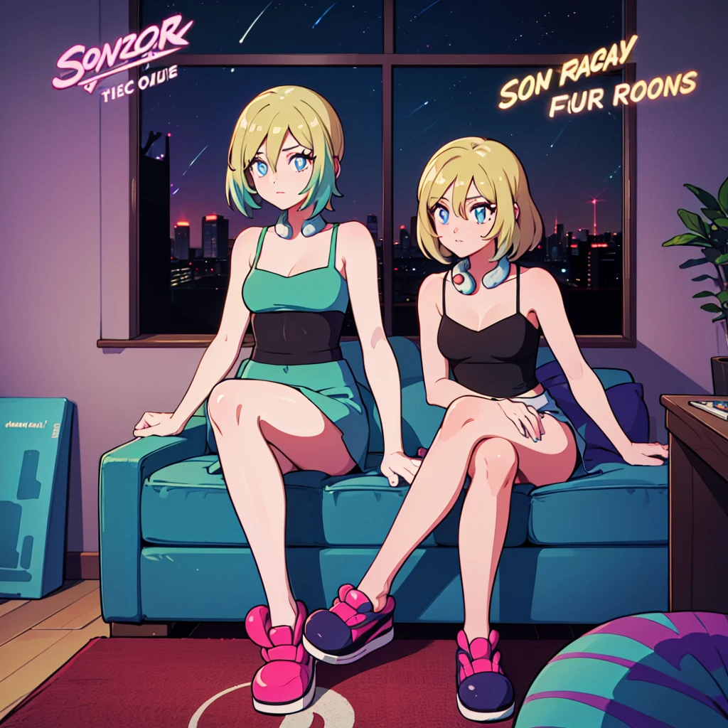 (masterpiece), Highest quality, Expressive eyes, Neon pastel aesthetics, Retro 90s, Neon color,((Girl sitting on sofa,In a cozy room,Records hanging on her wall, Comic books on the floor, Looking out the window behind her at the night city, Upholstered room, Anime figures lined up on a shelf)), Wearing headphones, (All around her it sparkles), (wearing thick colorful sneakers), (blue eyes), (Soft look), (Synthwave Art Style), Colorful Hair, Desk with PC set up