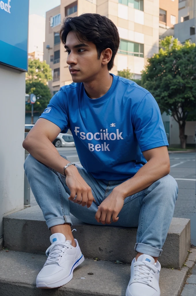 Create an animated 3D character sitting on top of the social media logo "Facebook" the character must wear a T-shirt inside and a jacket outside and sneakers. The background behind the image is a social media page with the username "Muhammad Ghazali" and a suitable profile picture HD