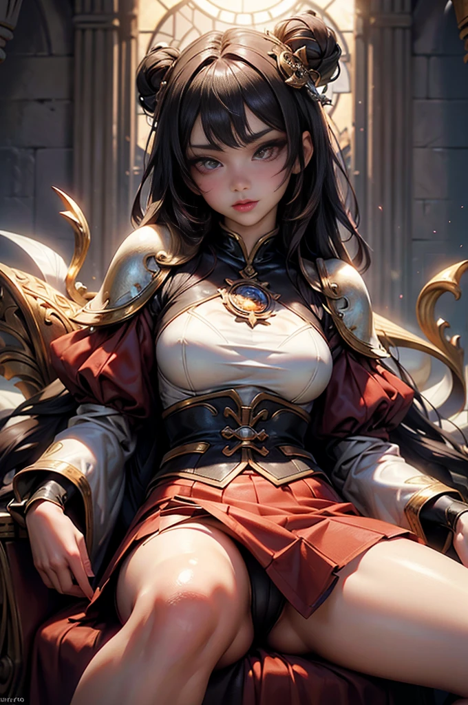 UHD, Retina, masterpiece, precise, Anatomically correct, Textured Skin, Super Detail, High Detail, high quality, The award-winning, best quality, High resolution, 1080P, HD, 4k, 8K, 16K、(((and insert))),best quality、16K high resolution、Super detailed、masterpiece、Live shooting、Practical:1.4、Surrealism:1.4、Clear focus、Very delicate and beautiful、nitty gritty、1 female、(European:1.2)、(Brunette Warrior Girl)、(spread your legs:1.3)、(exhibit:1.3)、(White:1.1)、 (Sitting on the throne: 1.1)、(Super beautiful)、(Pretty Face:1.5)、(Plate)、(Delicate face)、(beautiful eyes)、Perfect round eyes、(Lip detail)、lipstick、、Red and black skirt: 1.3)、 medieval fantasy, Dungeons & Dragons, role playing game, At San Francisco Fashion Week