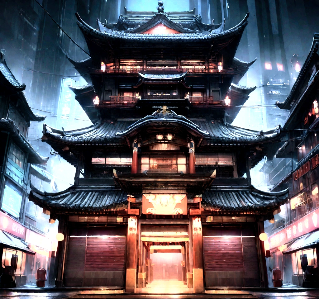 Cyberpunk cities in science fiction movies, Empty Streets, night, Chinoiserie architecture, Established, irregular, Circuit board, wire, complicated, Very detailedな, Realistic, hyper Realistic, high quality, Highest, Very detailedな, Crazy details, Very detailed, PhotoRealistic, A magnificent composition, Highest品質, 32K --v 6