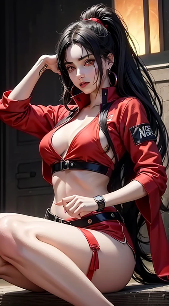 Kurenai from the anime Naruto, dark hair, long hair, Red eyes, ponytail, wear mascara, Perfect body, Perfect breasts, Beautiful woman, very beautiful, wear a red Nike sweatshirt, red joggers, wear a watch, wear earrings, wears red Nike Jordan shoes, I was at the gym, Realism, masterpiece, textured leather, Super detailed, high detail, high quality, Best quality, 1080P, HD, 16K