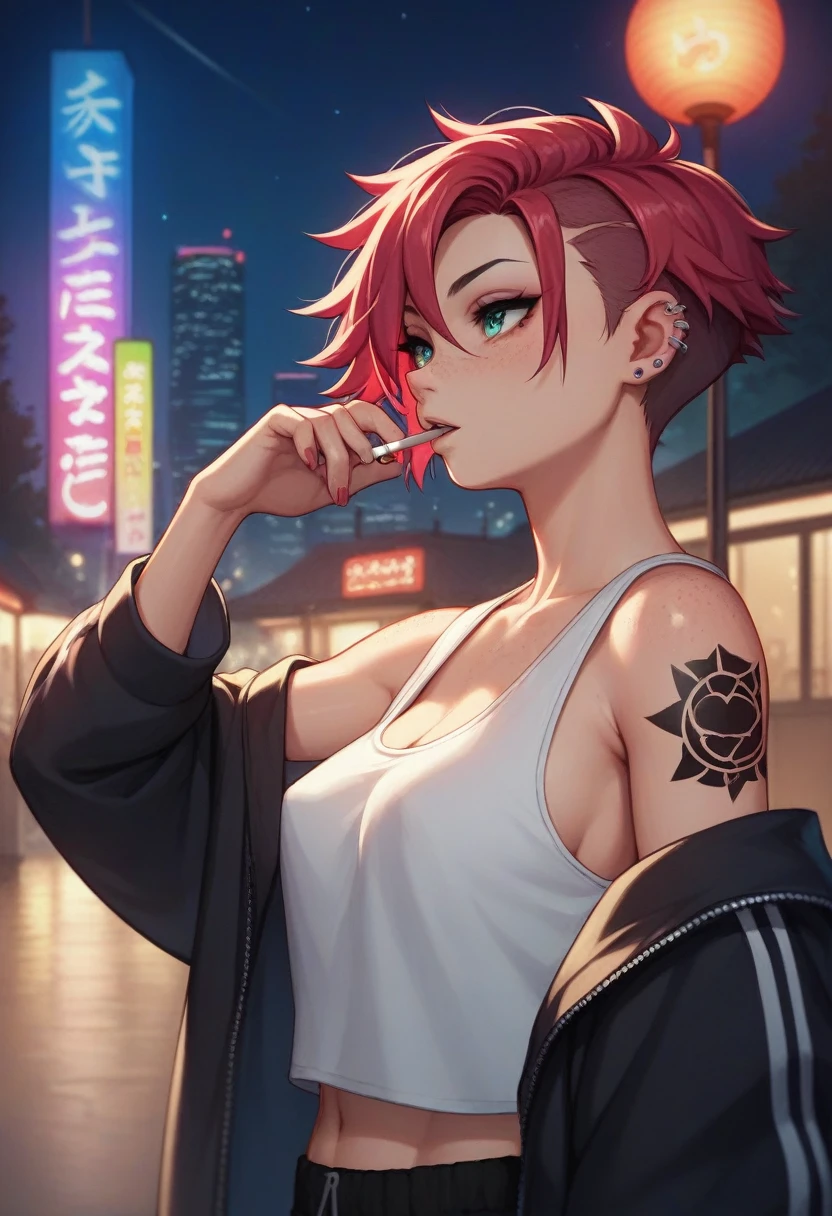 Crimson hair, black highlight in hair, short hair, tomboy, Japanese sleeve tattoo, neat ear piercings, thin tanktop, b cups, no bra, one cigarette in mouth, streetwear, freckle on right boob, night, city background, empty hands, 23-years-old