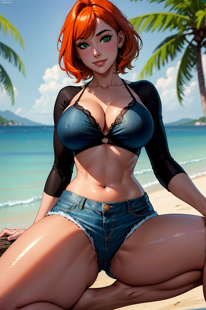 ((Masterpiece)), ((Best Quality)), Ultra High Resolution, HDR, absurderes, 8K, (1 girl), intricate details, ultra-detailed, dramatic lighting, blushing, smile, green eyes, short orange hair, bob hair, (black bikini, denim shorts), in beach, gorgeous girl, large breasts, cleavage, gorgeous body, glossy skin, vivid colors, full body view, sharp focus, detailed illustration, detail background, outdoors, depth of field, shy, feminine, professional artwork, fit thighs