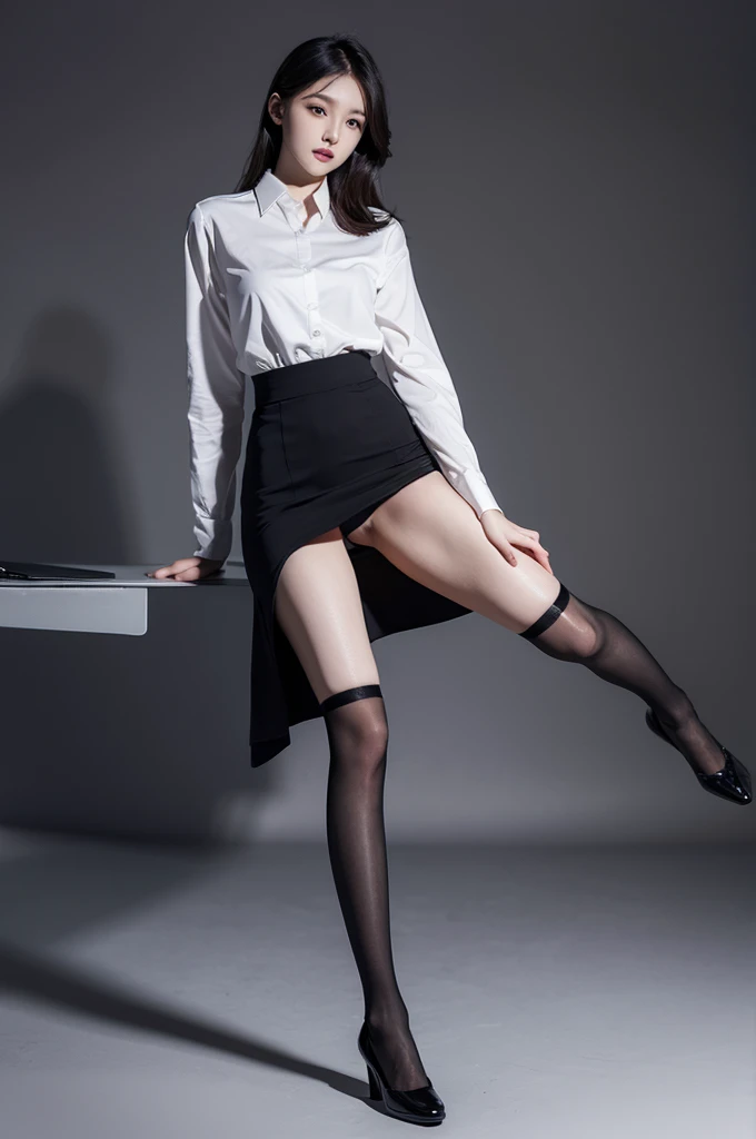 best quality, full body image, delicate face, beautiful face, 25 year old woman, Slender figure, small breasts, OL uniform, office clothes, black stockings, black gray background