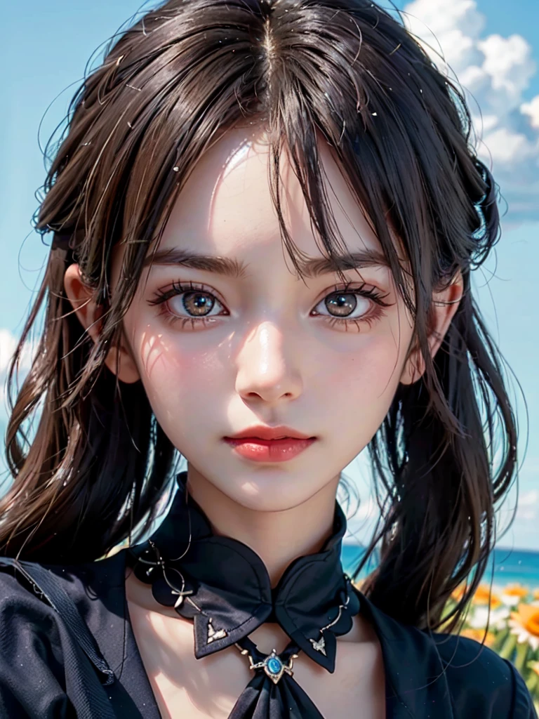 One Girl，(1人のとてもcute女の子:1.3)，masterpiece，Highest quality，High resolution，Photorealistic，RAW Photos，Ray Tracing，beautiful girl，(:1.3)，cute，Big eyes，(detailed pupils:1.2)，(The face is facing straight ahead:1.3)，Body facing forward，Beautiful nose，Fuller lips，Short black hair，ponytail，short hair，Detailed eyelashes，Thin eyebrows，Very fine grain definition，(Symmetrical eyes:1.3)，(Face close-up，Face Focus:1.0)，Small breasts，White and navy blue sailor suit，uniform，grassland，Blue sky and white clouds，Portrait，View Viewer，From below，Cinema Lighting，High resolution，Very detailed