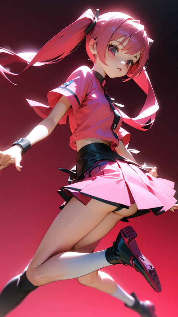 girl in a short skirt in knee-length stockings, red-pink hair,Twin Tail, full height, 3D wallpaper.