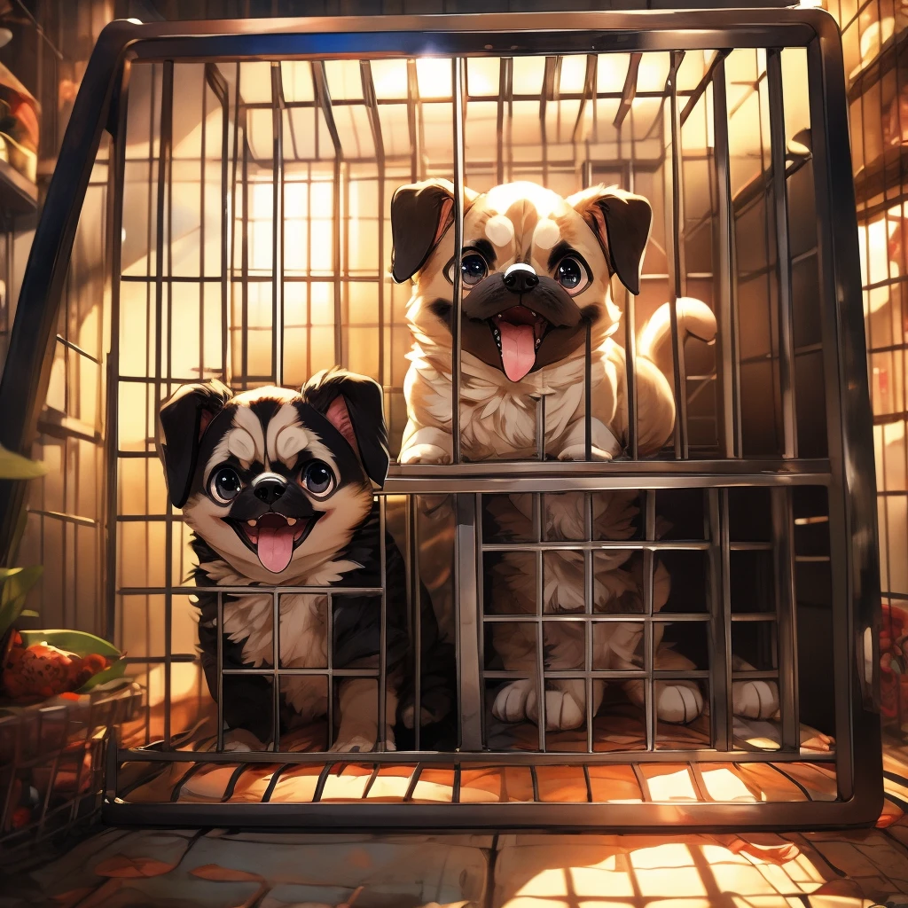 Inside the pet shop、Pug puppy in cage facing left with mouth open、A black kitten is in a cage, facing right with its ears perked up