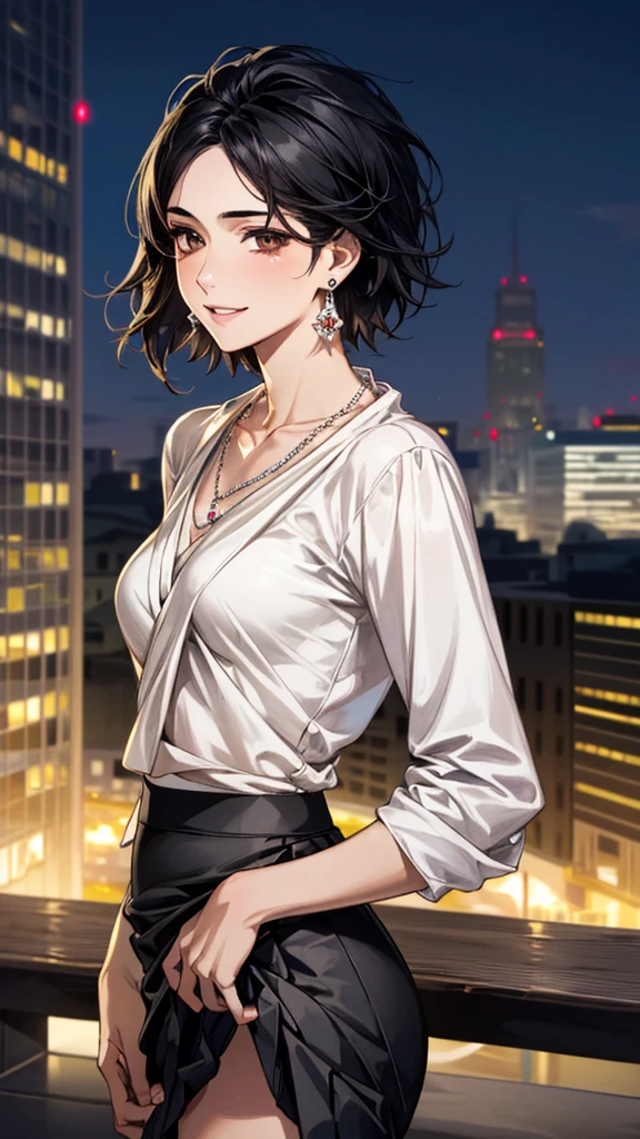 (masterpiece:1.3, Highest quality, Ultra-high resolution, Super detailed), (Realistic, photoRealistic:1.4), Beautiful illustrations, Perfect lighting, colorful, Depth of written boundary,
Beautiful detailed hair, Beautifully detailed face, Beautiful fine details, Beautiful clavicle, Beautiful body, 美しいLarge Breasts, Beautiful thighs, Beautiful feet, Beautiful fingers,
View Viewer、Front view:0.6, Beauty1人, Japanese, Beauty、30 years old, Perfect Face, (Perfect Anatomy, Anatomically correct), Cute and symmetrical face, Baby Face, , Shiny skin,
((shirt:1.4)), ((Draped skirt:1.5))、
(Black Hair, Short Hair:1.4), Dark brown eyes, Droopy eyes、Large Breasts, Slim body,
necklace, (Small earrings:1.3),
(Beautiful views), (night), (city, cityscape in the distance), Are standing, A soft smile、(Smile, Lips parted),