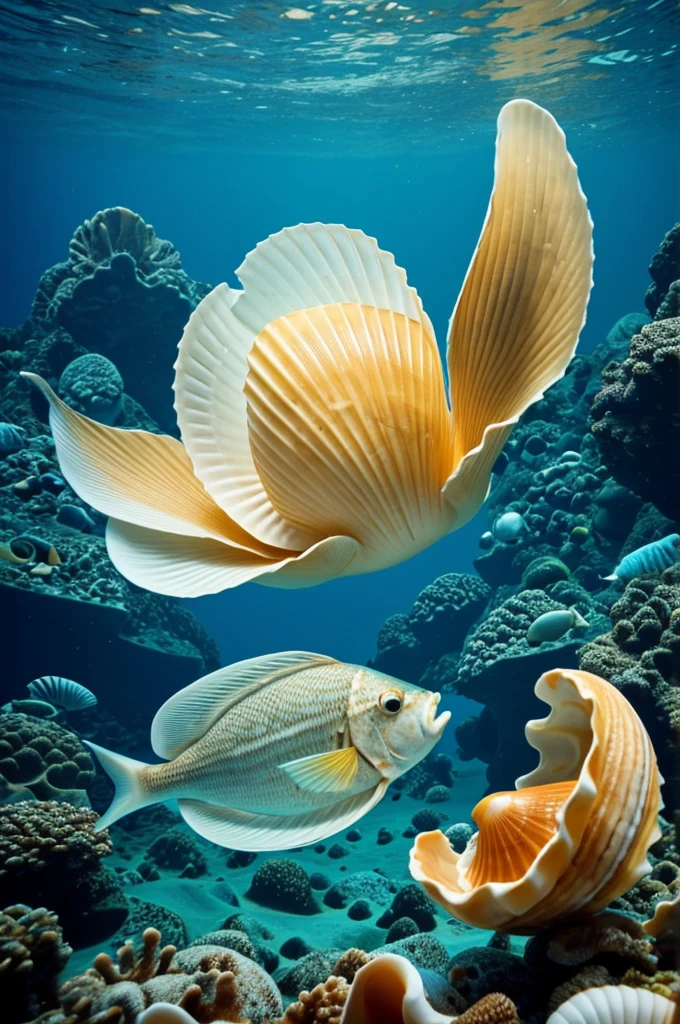 Shell in the sea next to a fish with an astonished look