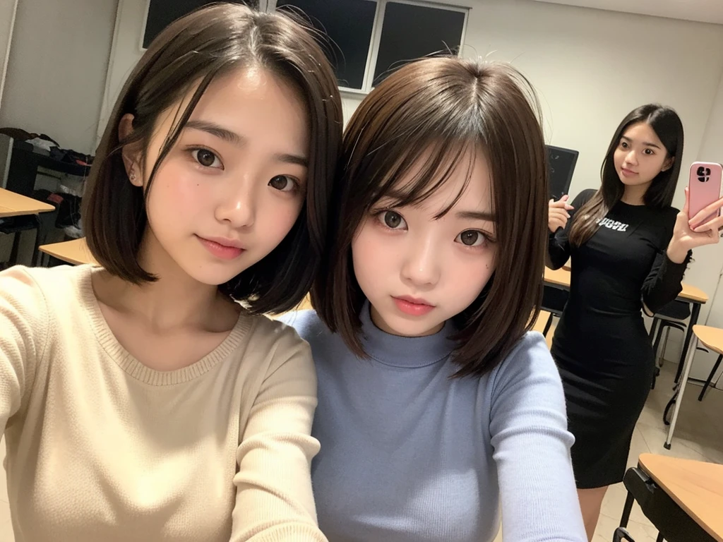 Indonesian girl 17-year-old Hairstyle Casual, F Cup Breasts wearing crewneck dress and selfie with her friend at class