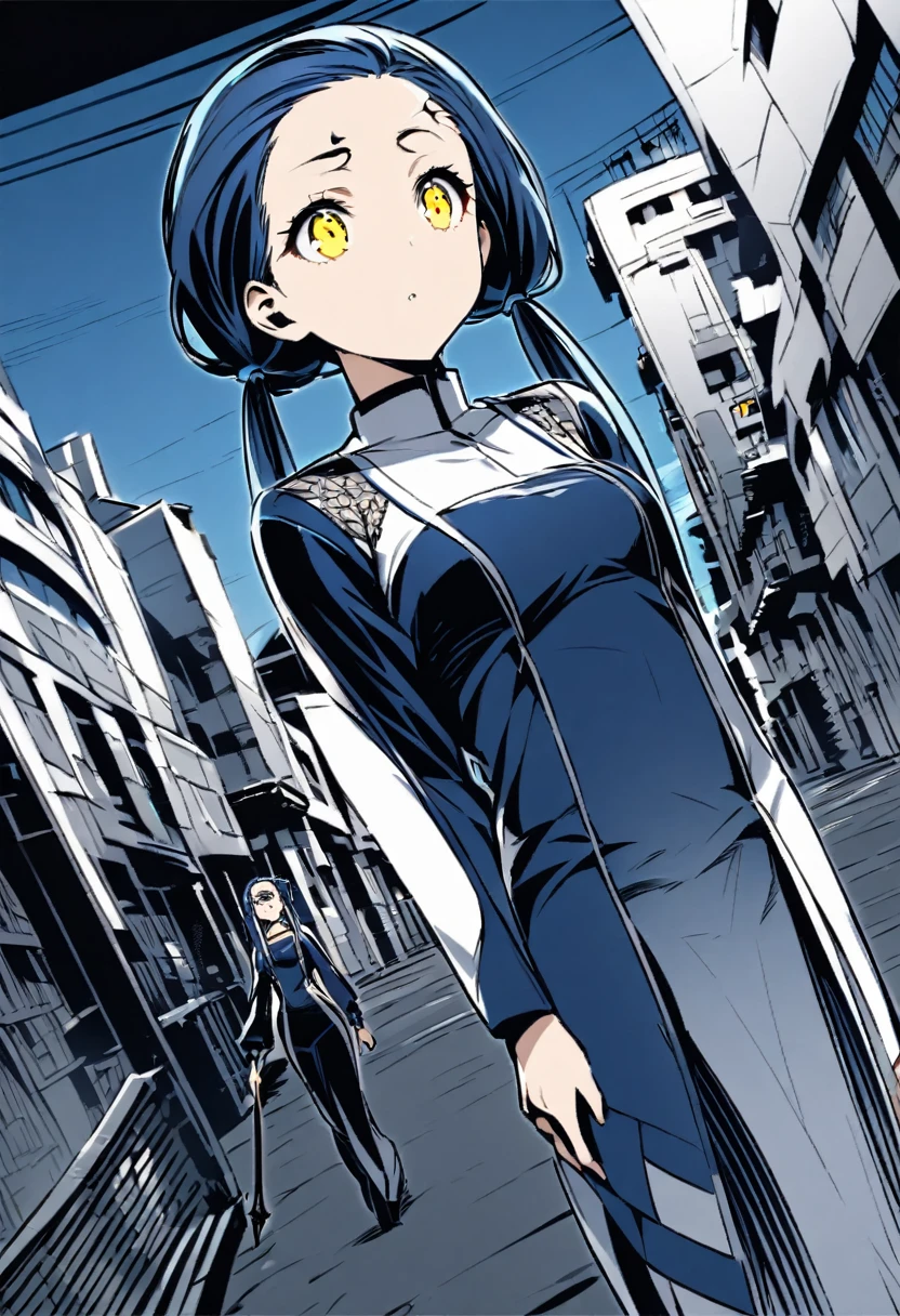 (One very tall woman,Navy Blue Hair,Her hairstyle is twin tails that expose her forehead., yellow eyes,Medium chest,Dynamic Angle)black1Color ,blackの長ズボン,The woman is carrying a spear in one hand.,Walk through the cityscape