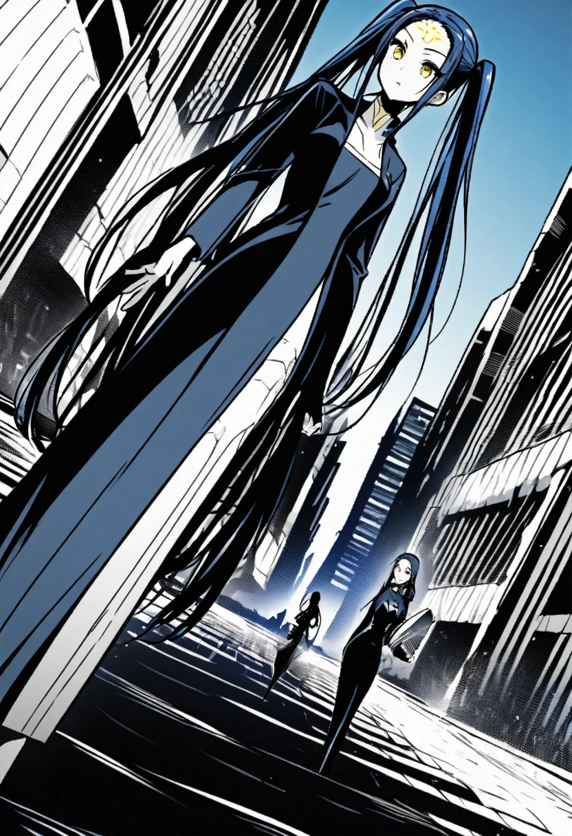 (One very tall woman,Navy Blue Hair,Her hairstyle is twin tails that expose her forehead., yellow eyes,Medium chest,Dynamic Angle)black1Color ,blackの長ズボン,The woman is carrying a spear in one hand.,Walk through the cityscape