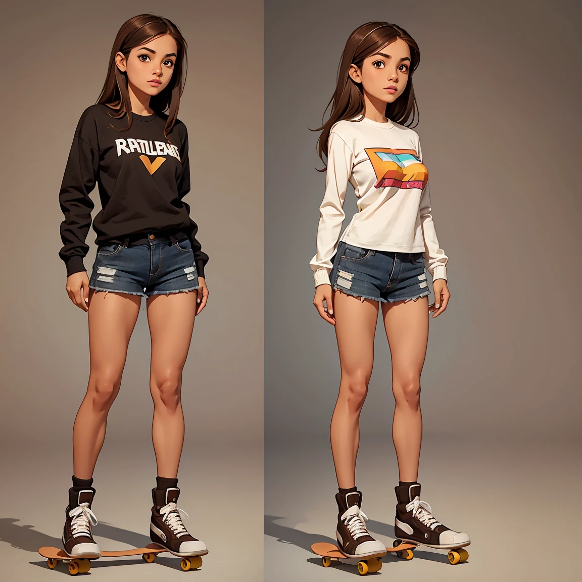 image split vertically in three, full body on the picture, standing chilian girl 25 years old, medium breast size, light brown eyes, brown straight hair, brown lipstick, skateboarder, black shooes, white background