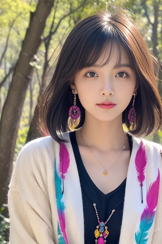 (best quality, Super detailed, masterpiece:1.2), 1 female, very thin body, long and thin legs, ((black short hair)), thick and fluffy bangs, highly detailed face,, small and thin nose, small thin mouth, very sharp focused eyes, Japanese, beautiful face, realistic eyes, fine and beautiful eyes, real looking skin, beautiful skin, charm, (lifelike face), beautiful hairstyle, BACKGROUND: Design a colorful hippie style and raven themed background. The background should feature colorful elements that blend into the natural surroundings. For example, a lush green forest interspersed with colorful ライティング. with their iridescent wings, create a magical atmosphere. Colorful hippie-style tents and vintage buses should also be placed in the background to emphasize the free and open mood. Costumes: Design colorful hippie-style and raven-themed costumes. Costumes should be free-flowing designs incorporating fringe, beading, and embroidery, and feature bright colors. For example, long skirts with colorful tie-dye patterns, bell bottoms, and accessories featuring crow feathers should be used to add originality. Use crow silhouettes and feather patterns on jackets and blouses, and use black as a base color but with bright colors to bring out the hippie style characteristics. Picture Quality: Create a visual aesthetic with a colorful hippie style and a raven theme. Picture quality should feature crisp, high contrast and vibrant colors. The video incorporates shimmering sunlight effects and kaleidoscopic color changes to emphasize the colorful hippie culture vibe. Adjust color tones for each scene, using warm, Colorful background,psychedelic