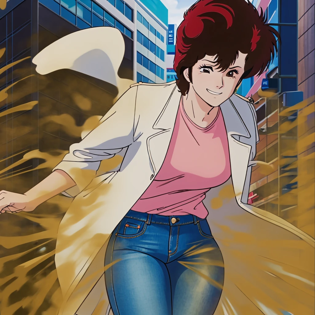 HD, high quality, high resolution, ultrahd, Kaori Makimura, solo, 1female, wearing default outfit, light pink shirt, white coat, wearing coat over tshirt, jeans, default hair, brown hair, very tall body, thin body, massive fart, yellow smoke, velocity, one eye closed, one eye opened, smirking, lifting a leg, bending body, embarrassed, smiling, clenching teeth, streets, beautiful lighting, highlights