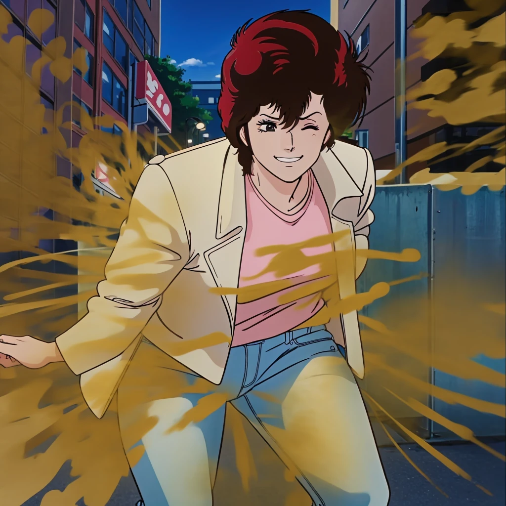 HD, high quality, high resolution, ultrahd, Kaori Makimura, solo, 1female, wearing default outfit, light pink shirt, white coat, wearing coat over tshirt, jeans, default hair, brown hair, very tall body, thin body, massive fart, yellow smoke, velocity, one eye closed, one eye opened, smirking, lifting a leg, bending body, embarrassed, smiling, clenching teeth, streets, beautiful lighting, highlights