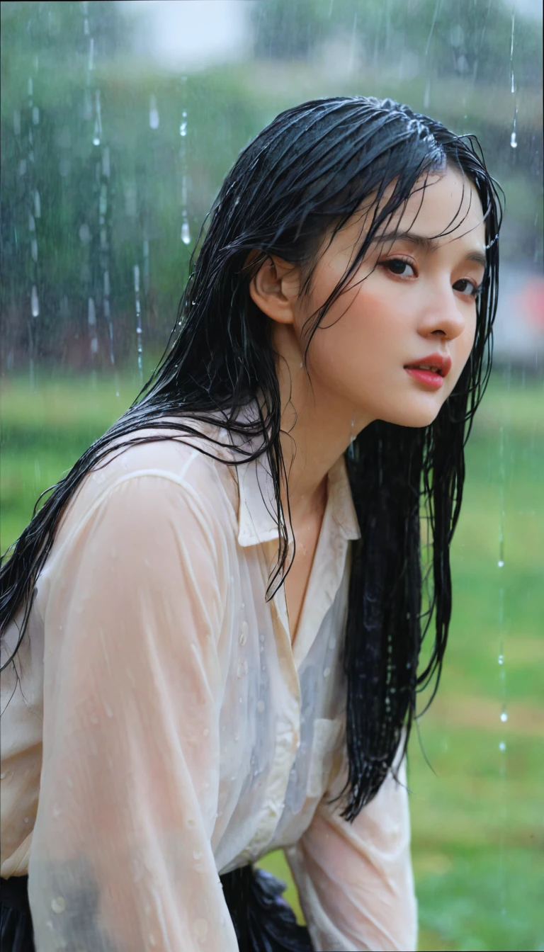 1girl, long black hair, high , shy, blush, wet, rain, transparent, (masterpiece, best quality), soft light, cinematic composition, cinematic light
