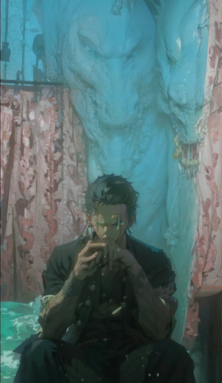 rORONOA Zoro DO ANIME "(ONE PEACE",) sozinho, Olhando para o Viewer, short hair, mangas compridas, 1st grade, GREEN PIRATE suit jacket, parte superior do corpo, arma, Foco masculino, Roupas japonesas, cabelos verdes, wHater, WAVES, de lado, cicatriz NO OLHO ESQUERDO, bainha, cicatriz no rosto, Embainhados, (slicked back hair)