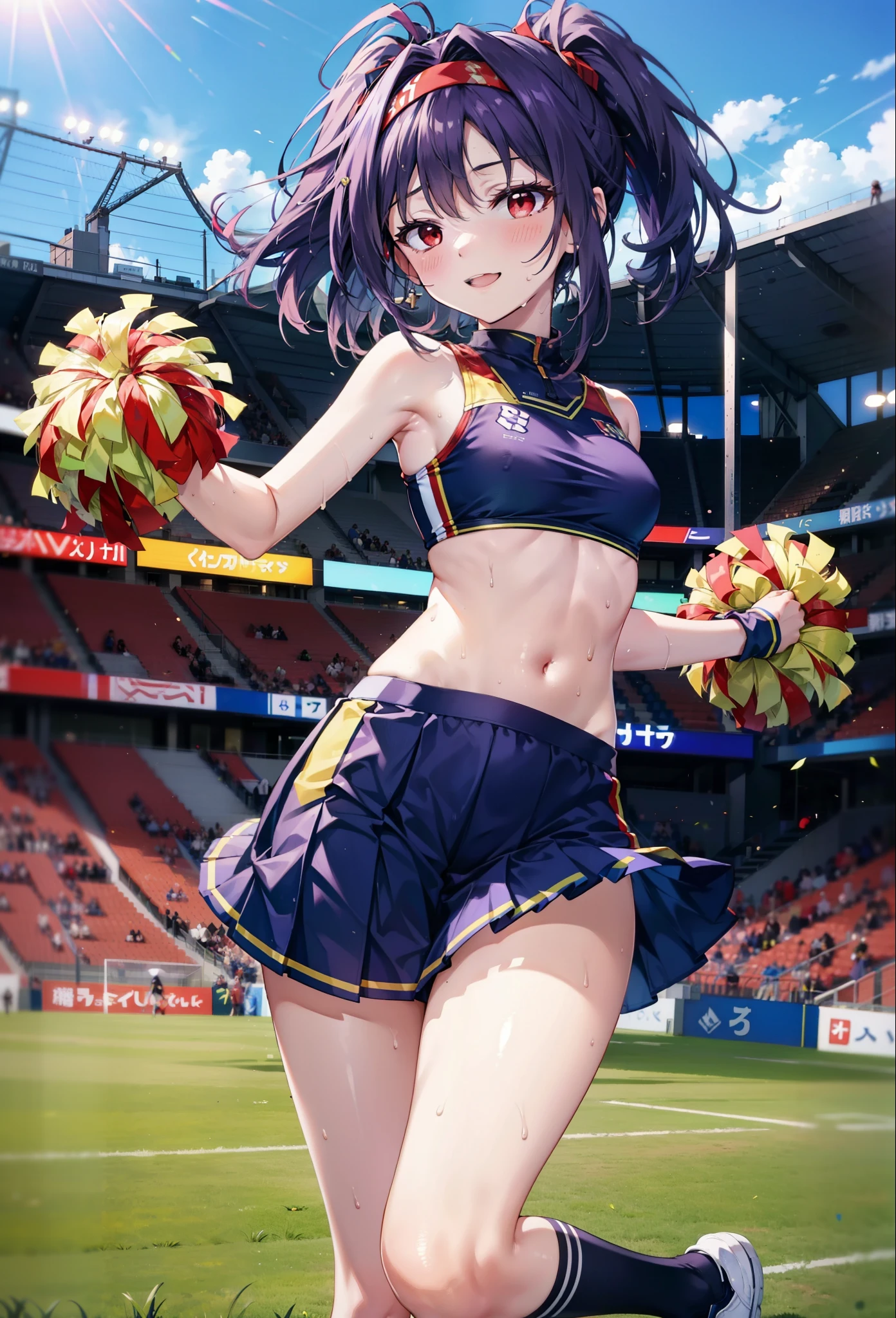 yuukikonno, yuuki konno, hair band, Long Hair, Pointed Ears, Purple Hair, (Red eyes:1.5), (Small breasts:1.2), Open your mouth wide,(Very delicate eyes), (cheer leading), (whole body),smile,blush,Lower, (Sweaty), Sweaty Wet Clothes, (Purple clothes), Pleated skirt,Black socks,sneakers,Belly-baring support, playground, (Jump), (Jump), 足を曲げてJumpする, air, blue sky, Grass原, smile,Cheerleader, Pom-pom \(cheer leading\), Grass, smile,
break looking at viewer, whole body,(Cowboy Shot:1. 5) ,
break outdoors, Stadium,
break (masterpiece:1.2), Highest quality, High resolution, unity 8k wallpaper, (figure:0.8), (Beautiful attention to detail:1.6), Highly detailed face, Perfect lighting, Highly detailed CG, (Perfect hands, Perfect Anatomy),