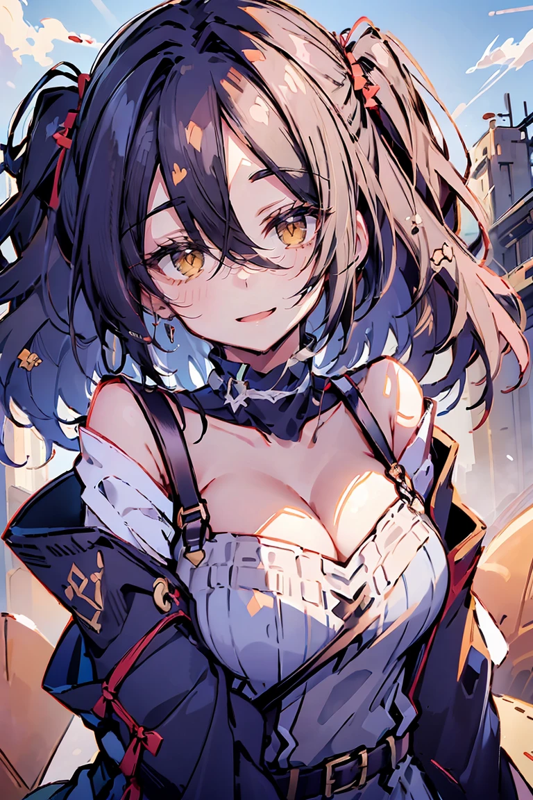 (masterpiece:1.2), (high quality:1.2), (hui xiyi:0.7), rekkyo sensen, rekkyou sensen, girls with((black hair, (tits cleavage:1.1), (waving is hands:1.2), (breasts close up:1.2), (suspenders:1.2), (dress:0.65), (blue clothes:1.2), (belts:0.7), (frills shirt:1.1), (white knit sweater:1.2), camisole, exposed breasts, straps, (turtleneck clothes:1.1), (cross:1.2), upper body, (long wavy hair:1.2), (one side up:1.2), nun, long sleeves, (perfect hands, perfect fingers:1))), background with((fantasy world, ruin, castle, beautiful sky, shining sky, sunshine))