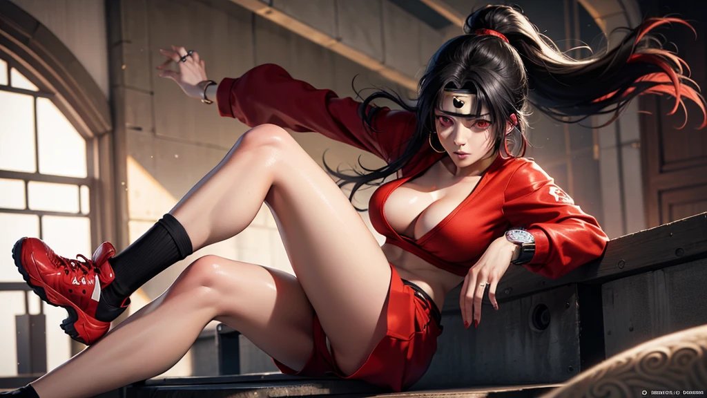 Kurenai from the anime Naruto, dark hair, long hair, Red eyes, ponytail, wear mascara, Perfect body, Perfect breasts, Beautiful woman, very beautiful, wear a red Nike sweatshirt, red joggers, wear a watch, wear earrings, wears red Nike Jordan shoes, I was at the gym, Realism, masterpiece, textured leather, Super detailed, high detail, high quality, Best quality, 1080P, HD, 16K