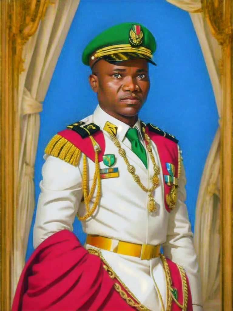 Detailed and realistic portrait of African general Oligui in costume, with white background
