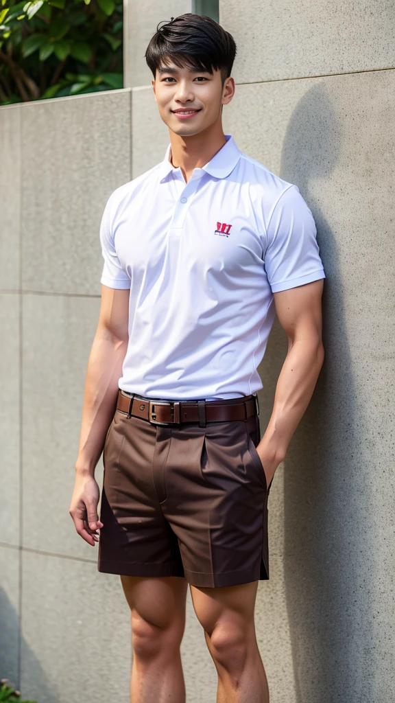 
(Create a masterpiece: 1.2),(CGI art:1.3),(realistic:1.5),(After processing:1.3),(Sharp focus:1.3),10,1 man, smile, (Wear a white school shirt.), (Shorts, blue),brown belt,  Korean guy , korean men, (High gloss details), chest muscles, large arm muscles, blood vessel, Big muscles, Broad shoulders, looking at the audience, Balancing the eyes, forest, mountain, (Make eye contact)
