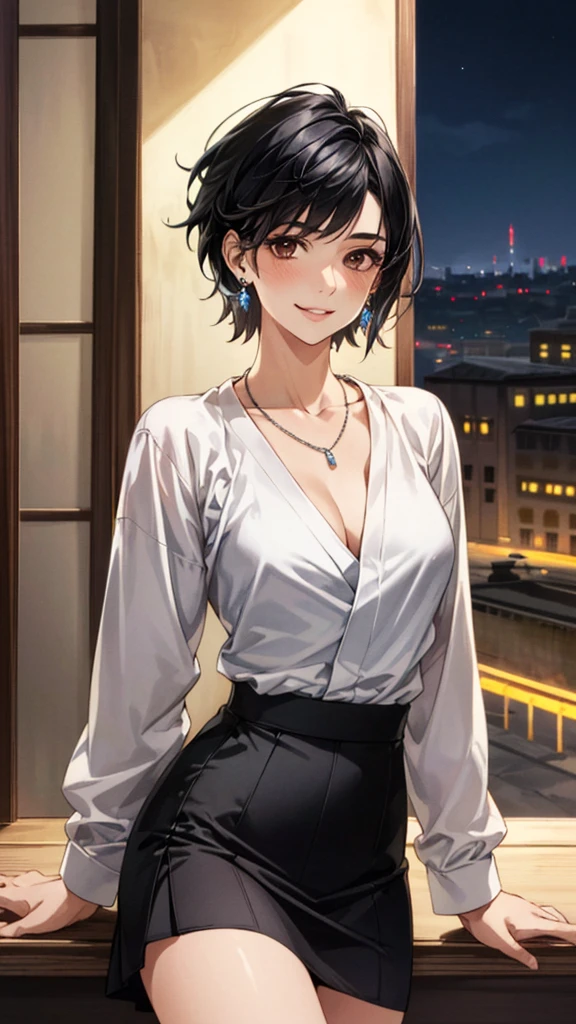 (masterpiece:1.3, Highest quality, Ultra-high resolution, Super detailed), (Realistic, photoRealistic:1.4), Beautiful illustrations, Perfect lighting, colorful, Depth of written boundary,
Beautiful detailed hair, Beautifully detailed face, Beautiful fine details, Beautiful clavicle, Beautiful body, 美しいLarge Breasts, Beautiful thighs, Beautiful feet, Beautiful fingers,
View Viewer、Front view:0.6, Beauty1人, Japanese, Beauty、30 years old, Perfect Face, (Perfect Anatomy, Anatomically correct), Cute and symmetrical face, Baby Face, , Shiny skin,
((shirt:1.4)), ((Draped skirt:1.3))、
(Black Hair, Short Hair:1.4), Dark brown eyes, Droopy eyes、Large Breasts, Slim body,
necklace, (Small earrings:1.3),
(Beautiful views), (night), (city, cityscape in the distance), Are standing, A soft smile、(Smile, Lips parted),