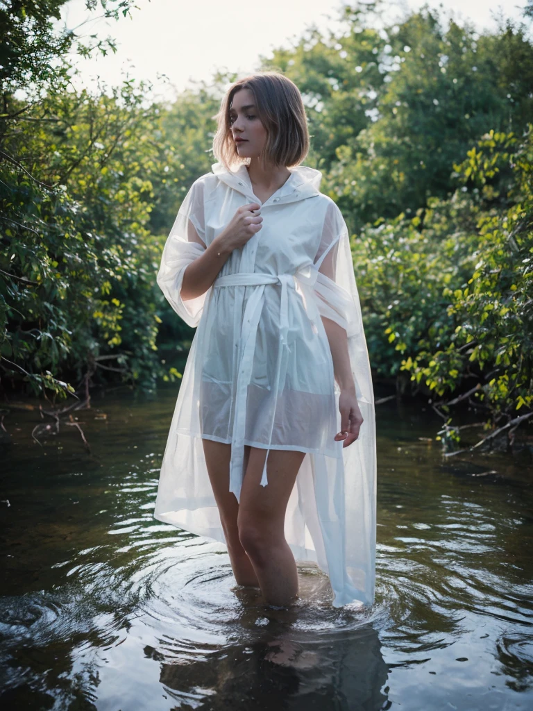 Best quality, ultra high res, full body shot from a danish pretty women wearing white transparent raincoat with floral sundress standing in between fallen trees and looking around, she is submerged in water in the dark swamps, realistic skin, rain drop, dynamic light and shadow, cinematic lighting, dynamic angle, short hair, perfect face and eyes, zenit analog camera shot with 35mm lens f/2.0, beautiful bokeh, cinematic film looks, aesthetic photorealistic, original photo in 2024