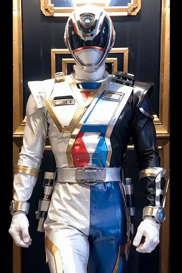 Fantasy background, cafe rpg style, empty chair, table, set of tea glass, (power rangers)), One guy、, ((white ranger suit)), red and blue chest armor with gold details,   costume, Solo, ((fit figure)), (Anatomically correct), Cowboy shot, masked face, guns, muscular build