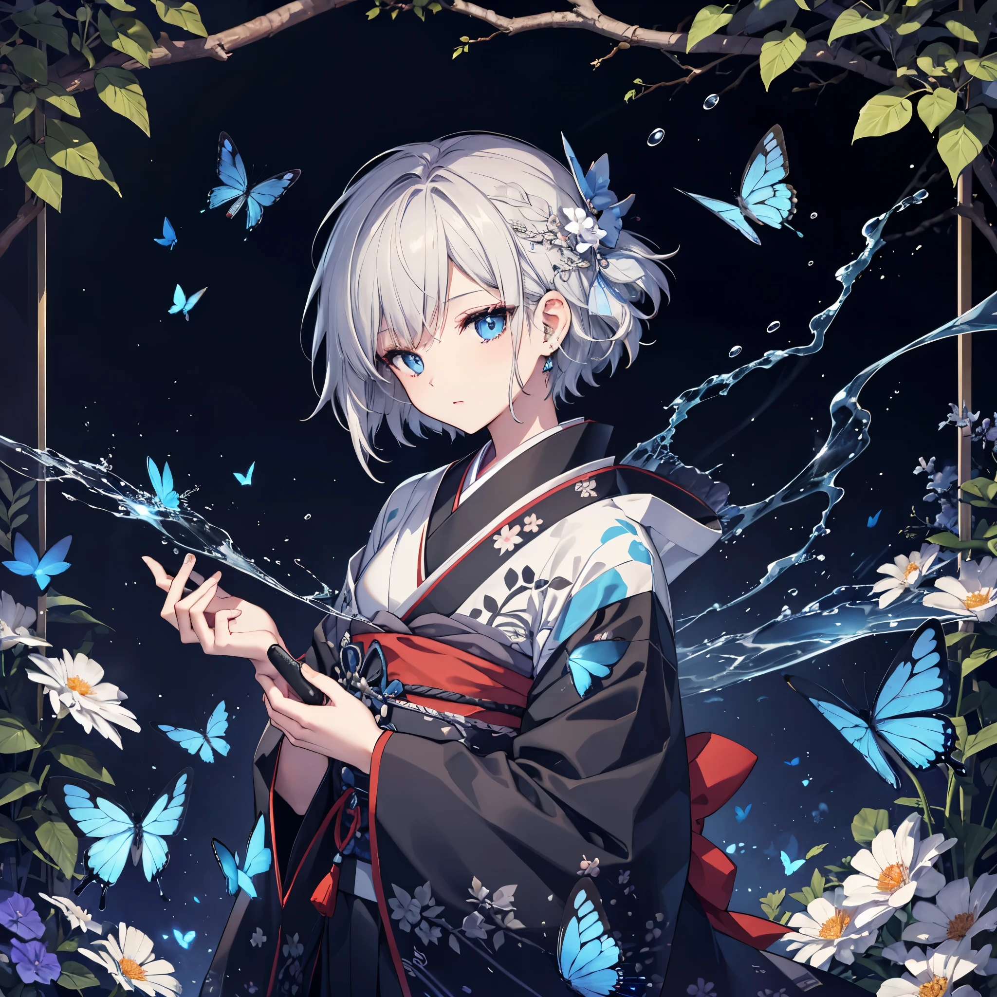 (((1 person))) ((High resolution Gray Hair short hair Black kimono Shoulder)) ((Black Band military commander Lonely despair blue eyes)) ((Blue Butterfly night Japanese style old Shining Aura garden water surface)) (dance 日本knife knife Slashing) moon star Draw your sword Slashing Catch the wind
