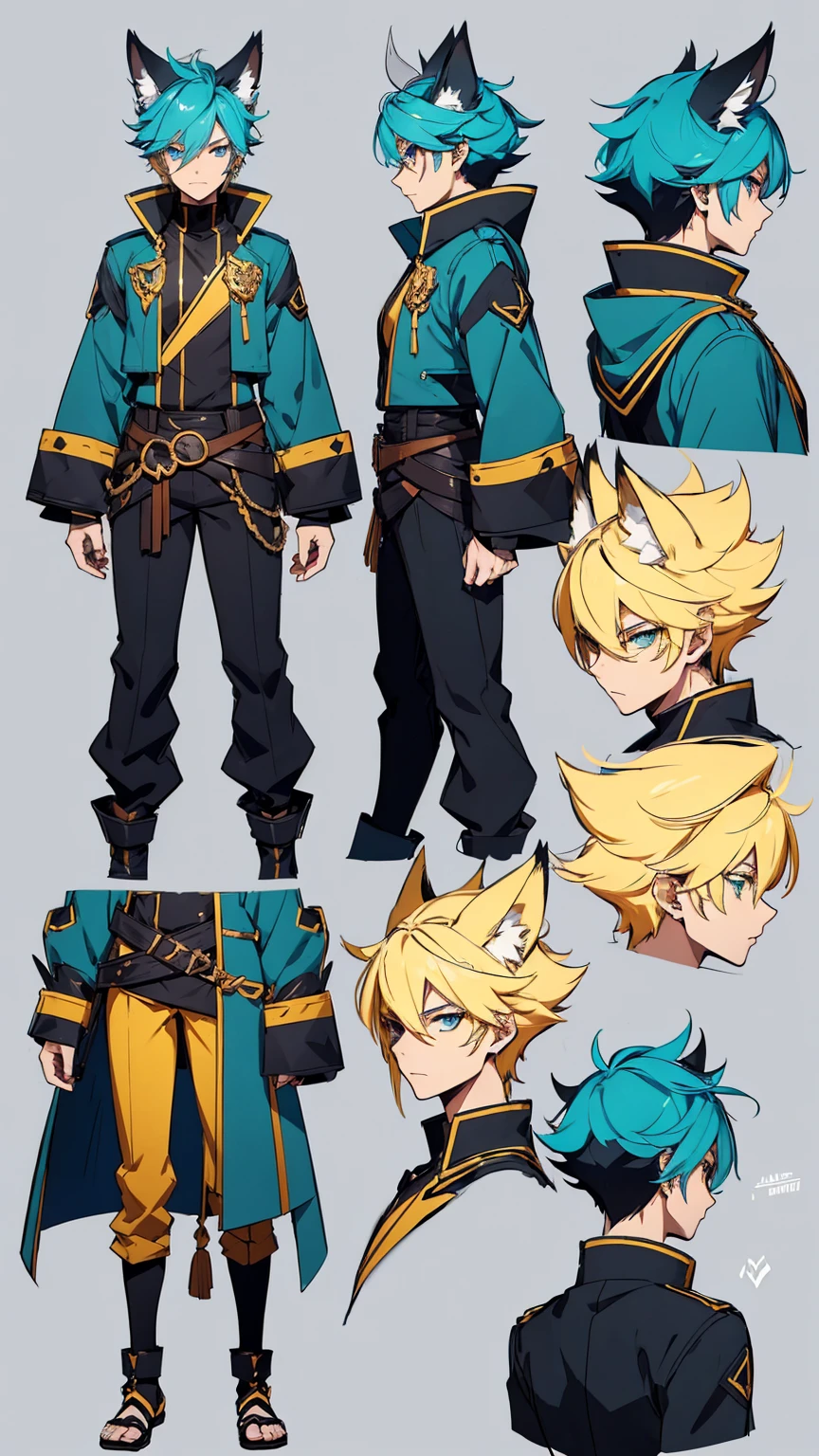 A male stylized character with fox-like features, including large pointed ears and a bushy tail tipped in yellow and using a gauntlet. The character has short blonde hair, blue eyes, and is dressed in a teal cropped jacket, black trousers. ( ( character concept art ) ), anime character design, character adoptable, full body concept, official character art, anime style character, full body character design, anime character art