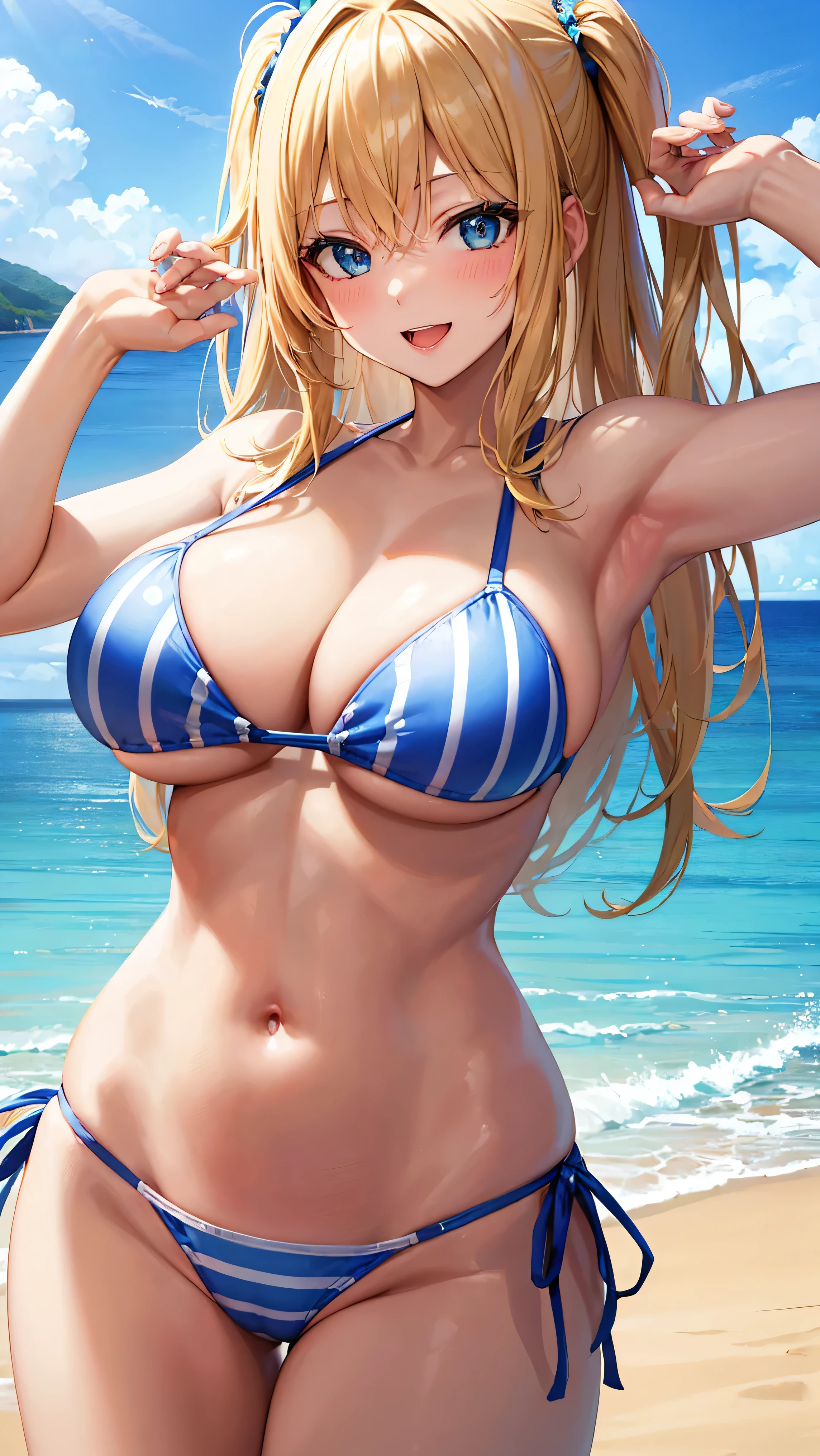 Master masterpiece, top-quality, High Definition, , Lucy Heartphilia, blonde  hair, length hair, large full breasts, Smile with open mouth, Solo、cowboy  shot, (Blue stripes々bikini of:1.3)、(the beach:1.3)、