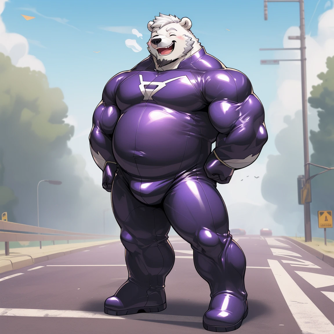 masterpiece, best quality, 8k resolution, Very detailed, hairy,(((polar bear)),(((Mature))),(((beard))),(((Strong))),(((White hair all over body))),(((portrait))),(((White hair))),(((Roadside))),For the audience,(((Purple gel coat))),(((Tight rubber suit))),Highest quality scene,Solitary,solitary,(((whole body))),(((The left eye is closed))),(((Hands behind your back))),(((The right eye is open))),(((Standing with legs apart))),(((Laughing))),((Fat-enclosed muscle)),(((Round face))),(((alone))),(((Strong body))),(((Hip bulge))),(((huge))),(((Super hero))),(((Long legs)))