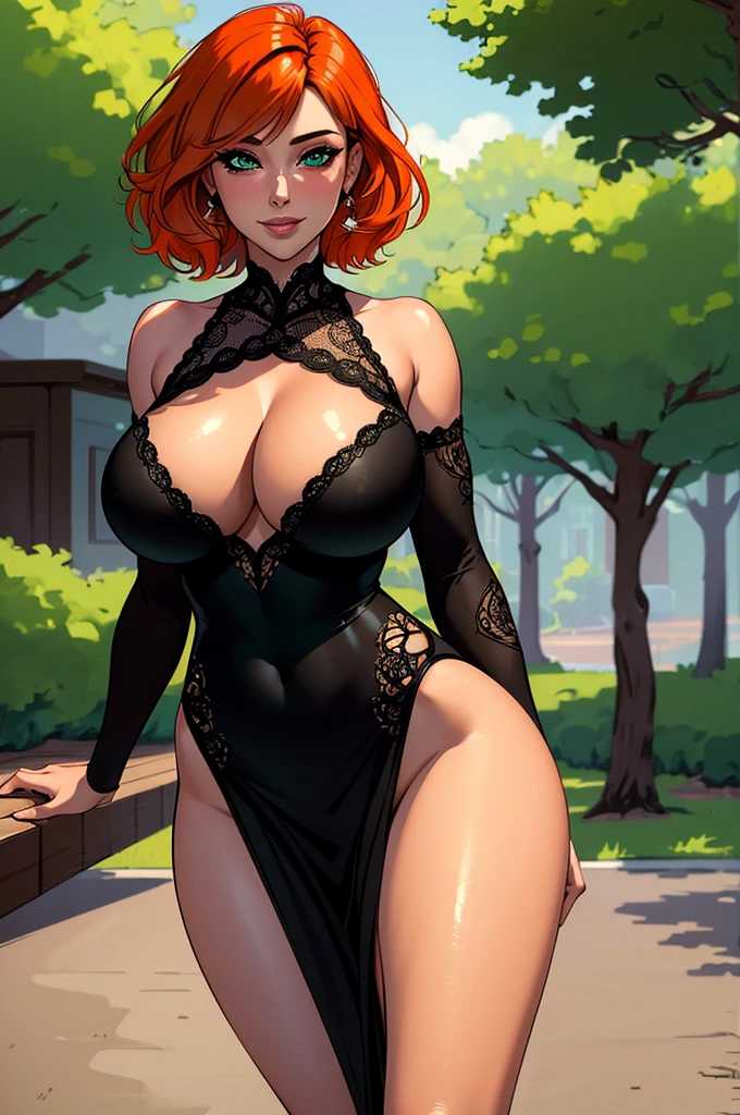 ((Masterpiece)), ((Best Quality)), Ultra High Resolution, HDR, absurderes, 8K, (1 girl), intricate details, ultra-detailed, dramatic lighting, blushing, smile, green eyes, short orange hair, bob hair, (tight black dress), in a party, gorgeous girl, large breasts, cleavage, gorgeous body, glossy skin, vivid colors, full body view, sharp focus, detailed illustration, detail background, outdoors, depth of field, shy, feminine, professional artwork, fit thighs