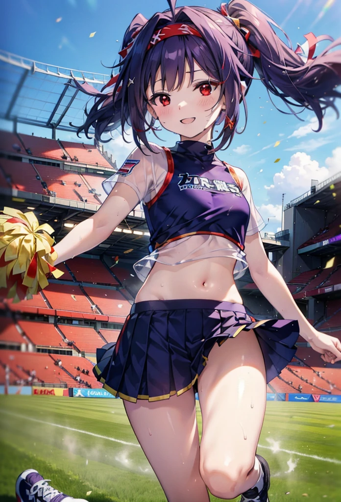 yuukikonno, yuuki konno, hair band, Long Hair, Pointed Ears, Purple Hair, (Red eyes:1.5), (Small breasts:1.2), Open your mouth wide,(Very delicate eyes), (cheer leading), (whole body),smile,blush,Lower, (Sweaty), Sweaty Wet Clothes, (Purple clothes), Pleated skirt,Black socks,sneakers,Belly-baring support, playground, (Jump), (Jump), 足を曲げてJumpする, air, blue sky, Grass原, smile,Cheerleader, Pom-pom \(cheer leading\), Grass, smile,
break looking at viewer, whole body,(Cowboy Shot:1. 5) ,
break outdoors, Stadium,
break (masterpiece:1.2), Highest quality, High resolution, unity 8k wallpaper, (figure:0.8), (Beautiful attention to detail:1.6), Highly detailed face, Perfect lighting, Highly detailed CG, (Perfect hands, Perfect Anatomy),