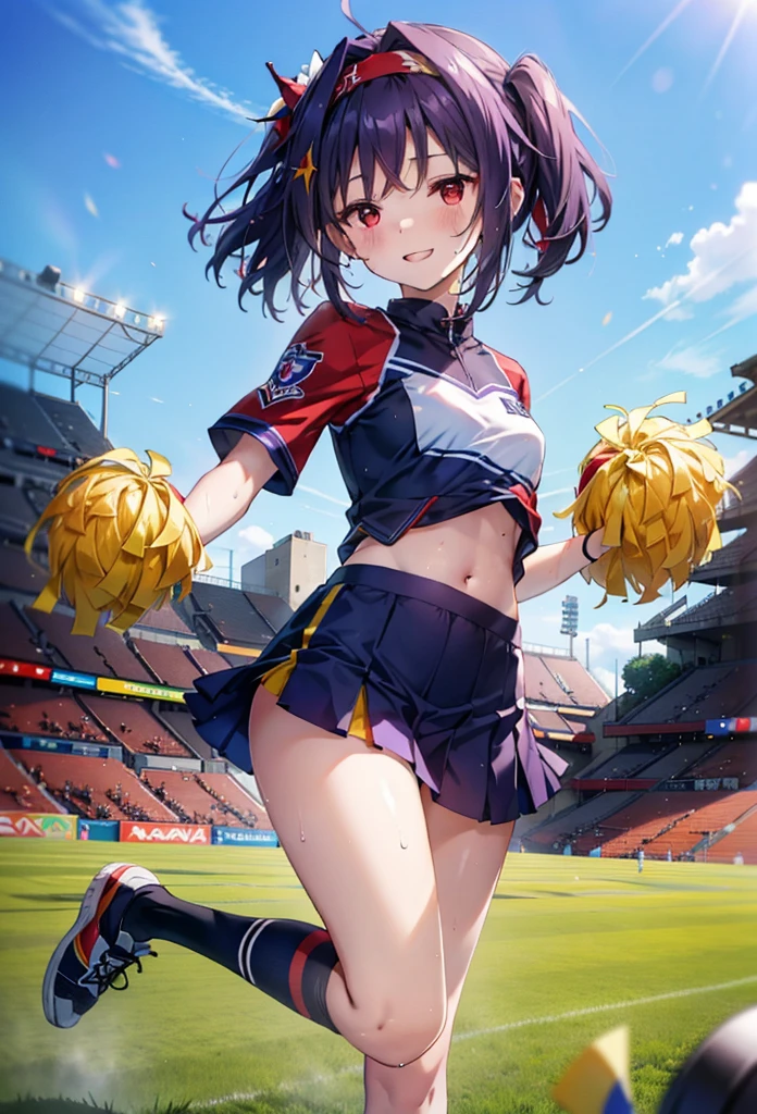 yuukikonno, yuuki konno, hair band, Long Hair, Pointed Ears, Purple Hair, (Red eyes:1.5), (Small breasts:1.2), Open your mouth wide,(Very delicate eyes), (cheer leading), (whole body),smile,blush,Lower, (Sweaty), Sweaty Wet Clothes, (Purple clothes), Pleated skirt,Black socks,sneakers,Belly-baring support, playground, (Jump), (Jump), 足を曲げてJumpする, air, blue sky, Grass原, smile,Cheerleader, Pom-pom \(cheer leading\), Grass, smile,
break looking at viewer, whole body,(Cowboy Shot:1. 5) ,
break outdoors, Stadium,
break (masterpiece:1.2), Highest quality, High resolution, unity 8k wallpaper, (figure:0.8), (Beautiful attention to detail:1.6), Highly detailed face, Perfect lighting, Highly detailed CG, (Perfect hands, Perfect Anatomy),