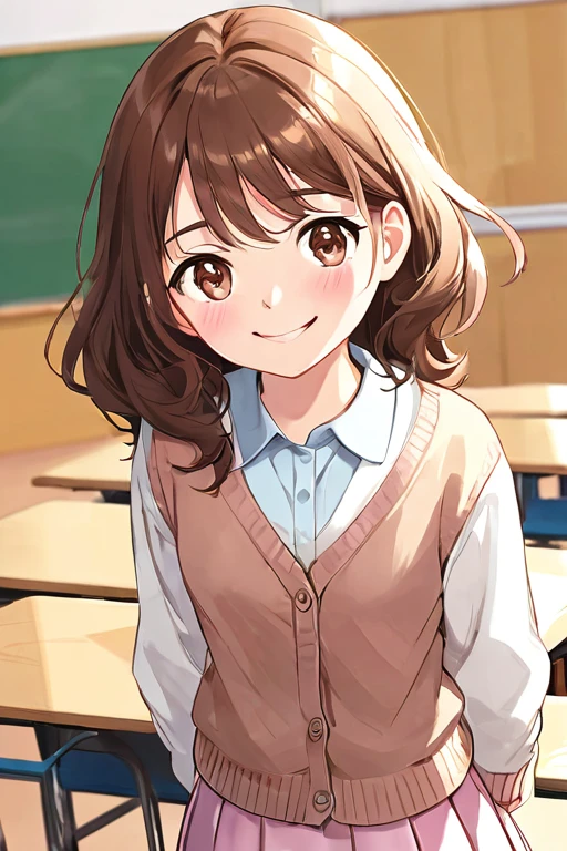 A beautiful young student girl smiling, long brown curls, light brown eyes, white skirt, pink cardigan, in a classroom