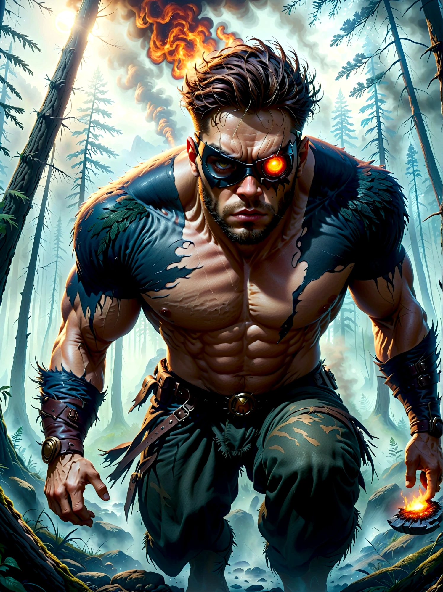 Creatures from Norse mythology，(1 Cyclops with a black eye patch:1.3)，(whole body)，Vision，powerful，Wild，Intricate details，forest，Blazing Hell，harsh environment，Fantasy Art，Dark Fantasy, Dramatic lighting，epic，destroy，fear, (Best quality，8k，high resolution，masterpiece:1.2)，Ultra Detailed，(1.4 times more realism）