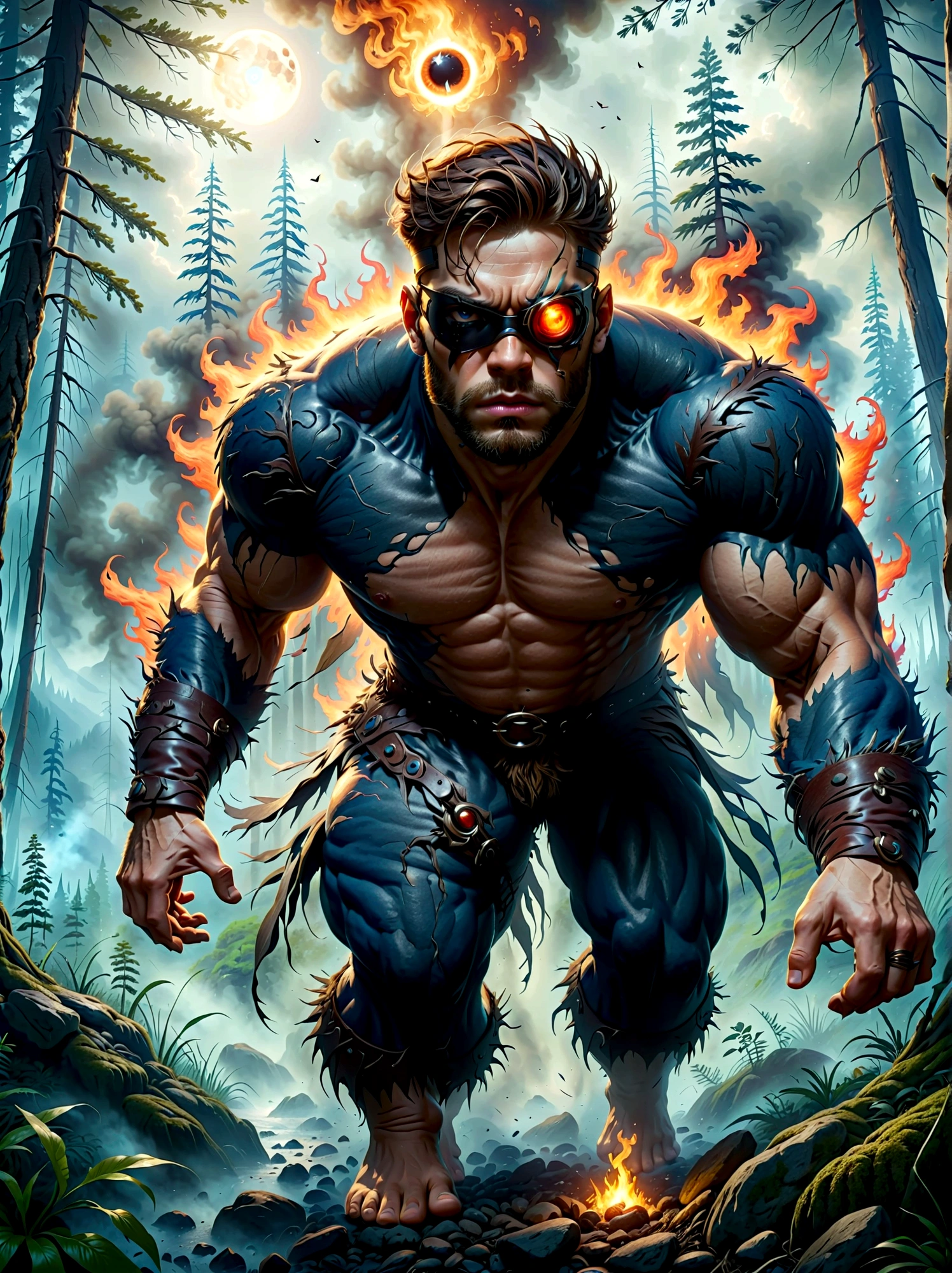 Creatures from Norse mythology，(1 Cyclops with a black eye patch:1.3)，(whole body)，Vision，powerful，Wild，Intricate details，forest，Blazing Hell，harsh environment，Fantasy Art，Dark Fantasy, Dramatic lighting，epic，destroy，fear, (Best quality，8k，high resolution，masterpiece:1.2)，Ultra Detailed，(1.4 times more realism）