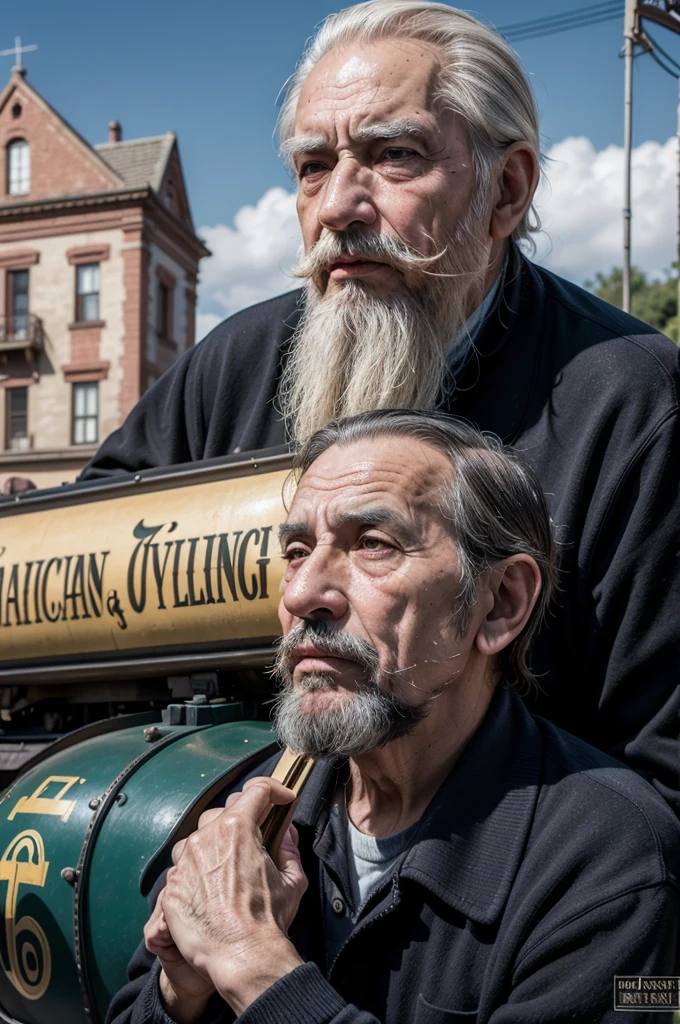 Can you help me create a hyperrealistic photo of a 78-year-old man, very thin, with a beard, Mexican, with a melancholic attitude, holding in his hands a locomotive from the 60's, a toy train, behind him, a banner with the text: "Happy Father's Day, Checho", thank you